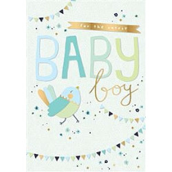 Baby Congrats Boy Blue Bird and Bunting on Spotty Background Greeting Card Tiny Friends