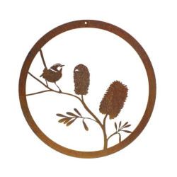 Banksia and wren metal garden wall art
