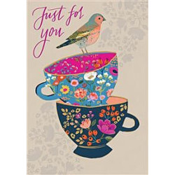 Female Bird on Colourful Teacups Greeting Card