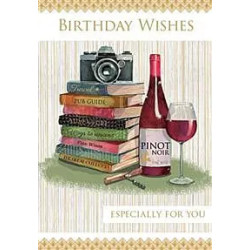 Male Camera Books and Wine Greeting Card