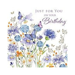 Pizazz Birthdays and Purple Flowers Daisies and Butterflies Greeting Card Pizazz Birthdays
