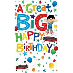 Planet Happy Boy Jumping on Mini Trampoline Greeting Card Planet Happy