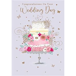 Wedding Cake with Floral and Gold Swirls Greeting Card